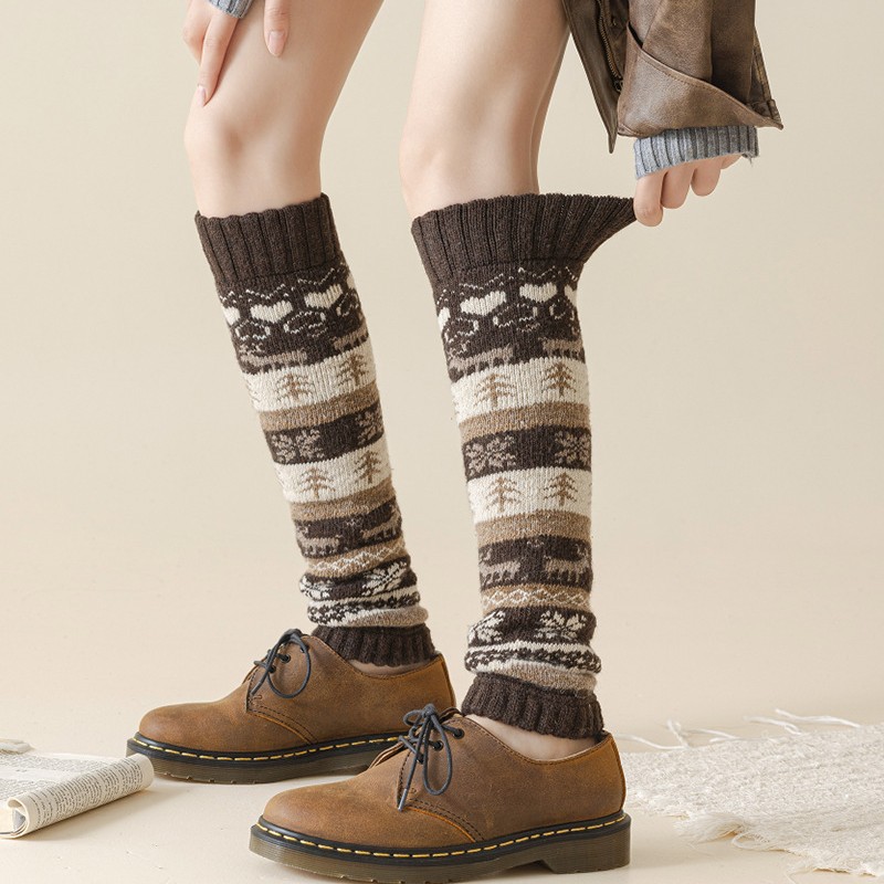 羊毛防寒堆堆袜套日系复古小鹿针织腿套秋冬保暖加厚毛圈小腿袜