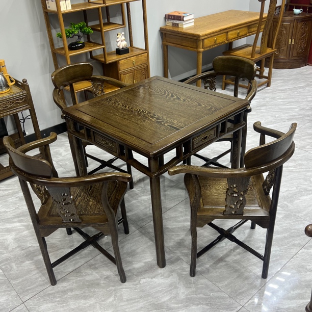 则言红木家具 鸡翅木方桌五件套 国标红木 餐桌 棋牌桌78-78-78