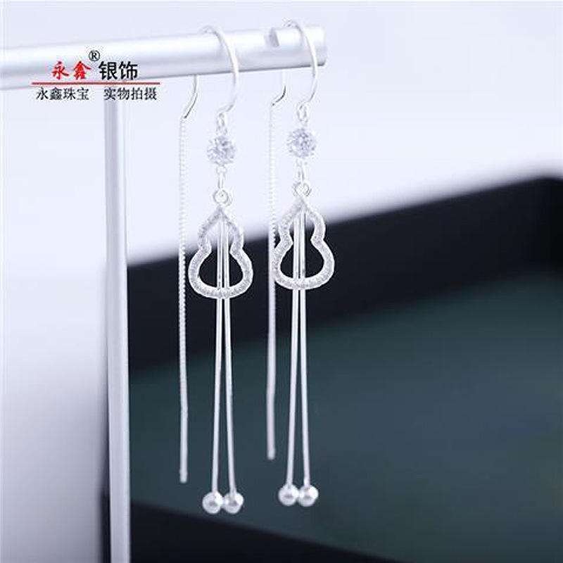 足银合成锆石耳饰 999纯银葫芦耳线女耳坠长款流苏小众设计耳链潮