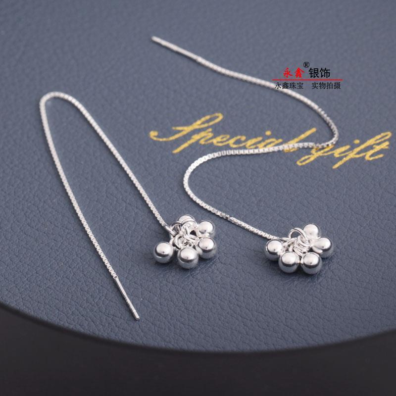 足银耳饰 999纯银耳线女个性高级感流苏小耳链豆豆耳坠长款通体银
