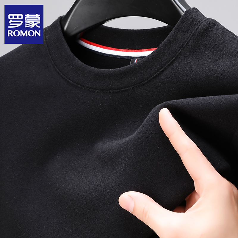 罗蒙男士长袖秋冬季磨毛双面绒t恤男圆领时尚休闲内搭德绒打底衫