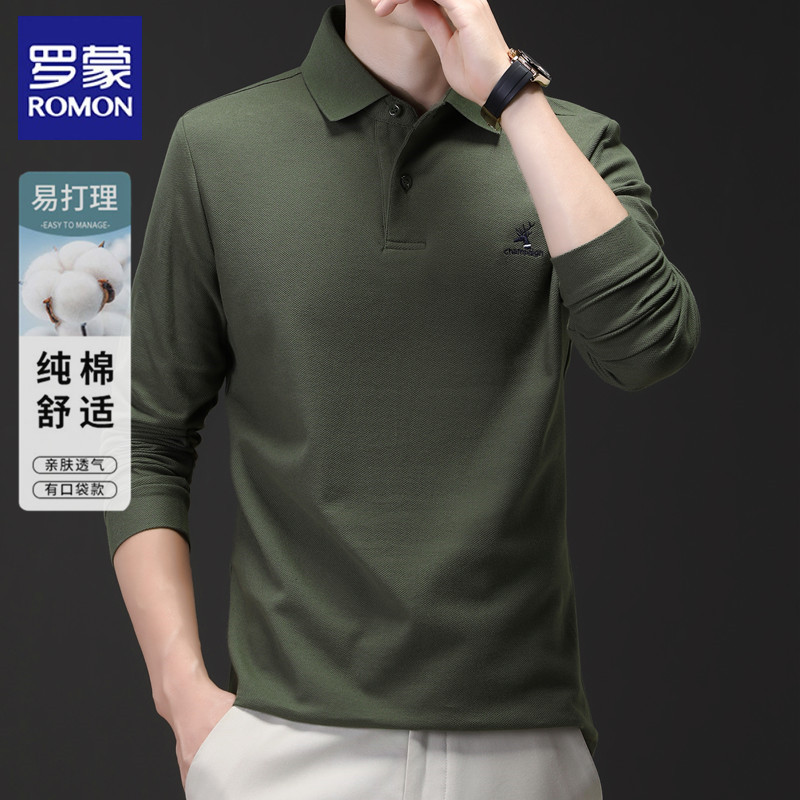 罗蒙刺绣长袖T恤男2024秋季新款宽松纯棉休闲中年男士翻领Polo衫