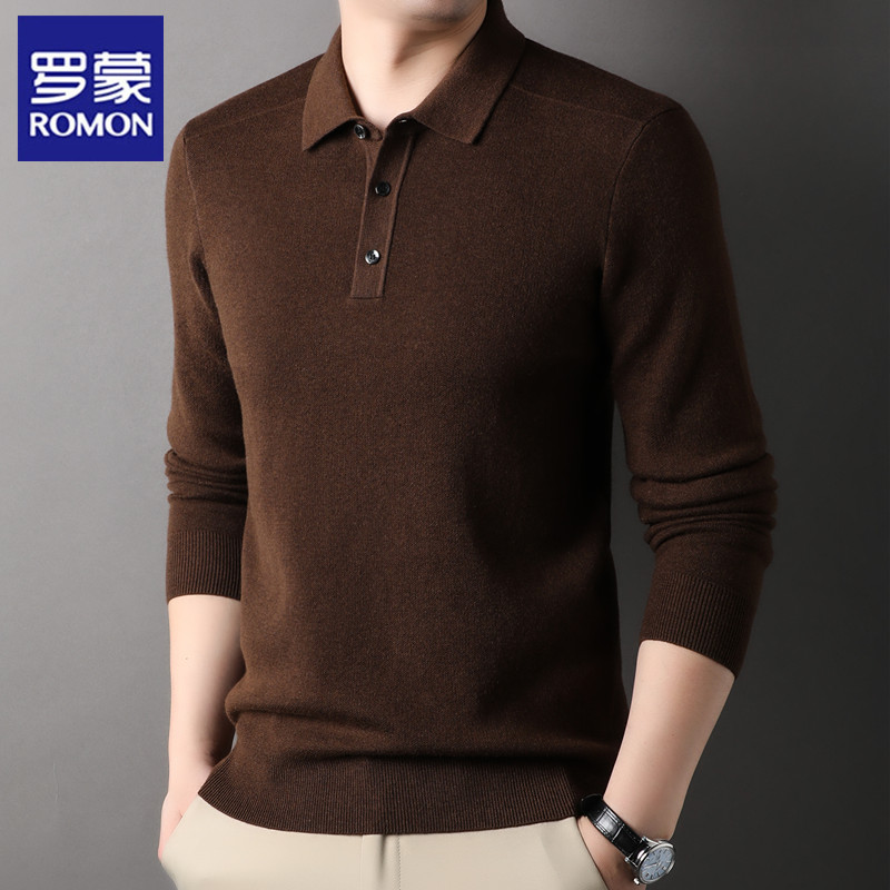 【罗蒙】秋冬季马鞍肩羊毛针织polo衫男士长袖翻领T恤加厚套头毛