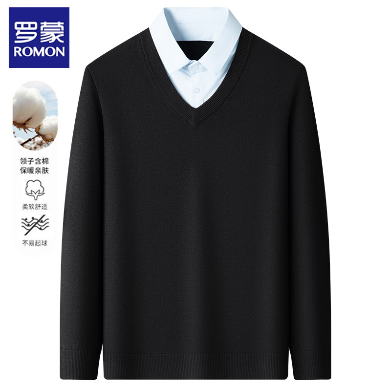 罗蒙衬衫领气质韩系假两件针织衫男士2024秋季新款休闲上衣毛衫男
