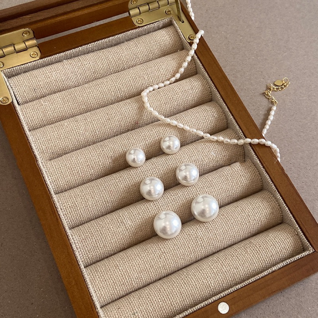 铜合金仿珍珠耳饰 【么么专属】法式复古扁圆馒头珠珠耳钉 银针 