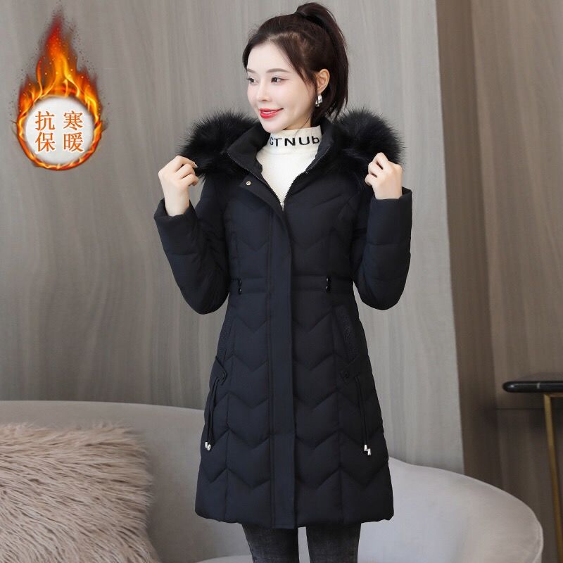艾莱依中长款羽绒服服女2023冬季新款修身显瘦棉袄加厚保暖大毛领