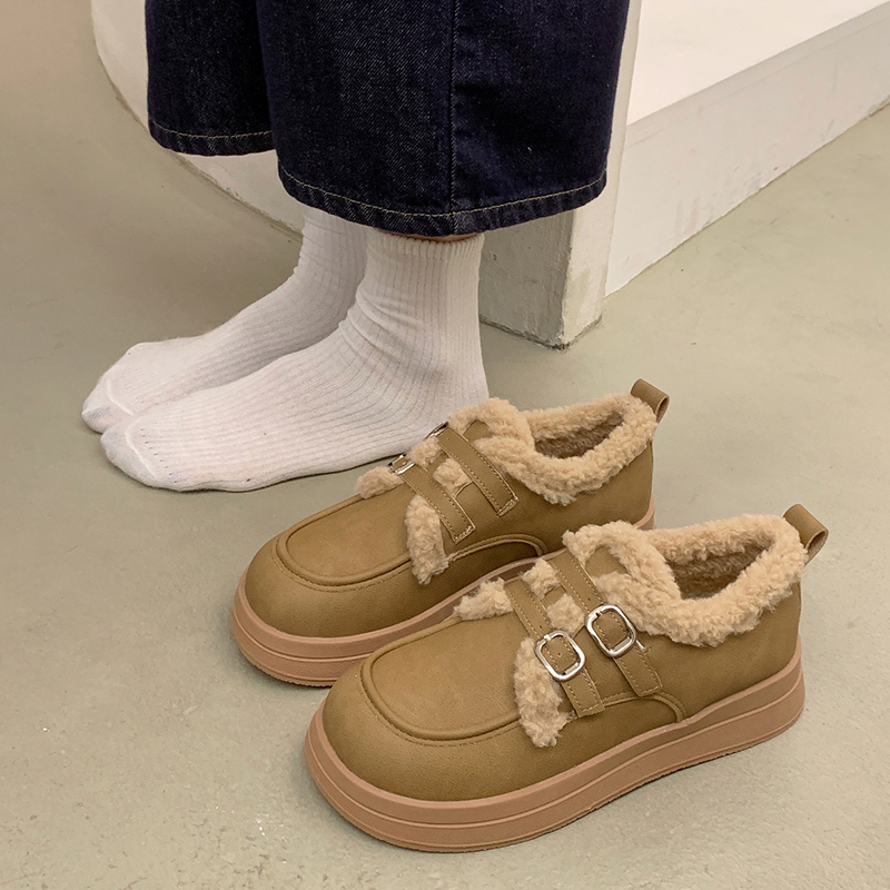 爆款毛毛鞋女2023年秋冬小皮鞋女加绒棉鞋厚底鞋一脚蹬乐福鞋