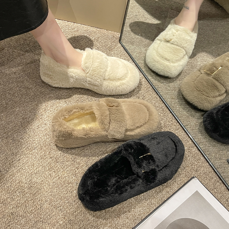 毛毛鞋女外穿平底加绒棉鞋2023新款秋冬季一脚蹬豆豆鞋软底奶奶鞋