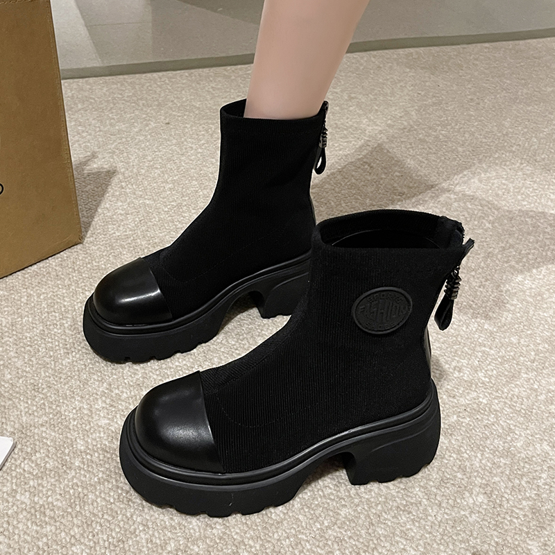 厚底帆布马丁靴女秋季2023年新款中筒袜子靴弹力针织超火短靴夏季