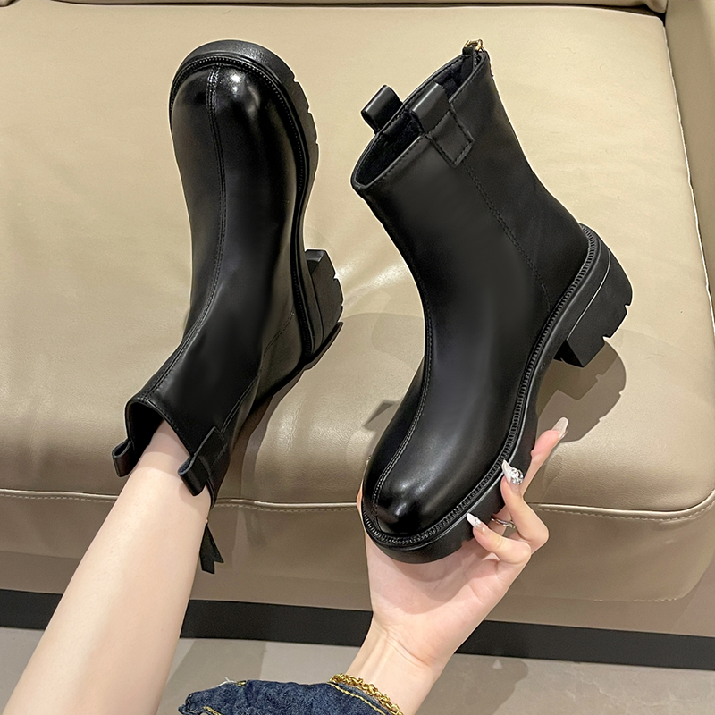欧洲站后拉链爆款马丁靴女秋冬2023英伦休闲短靴厚底显瘦靴子黑色