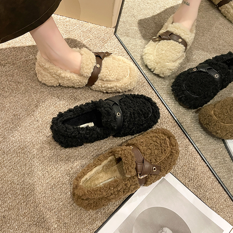 冬天毛毛鞋女外穿2023年新款百搭厚底一脚蹬豆豆鞋网红加绒棉鞋子