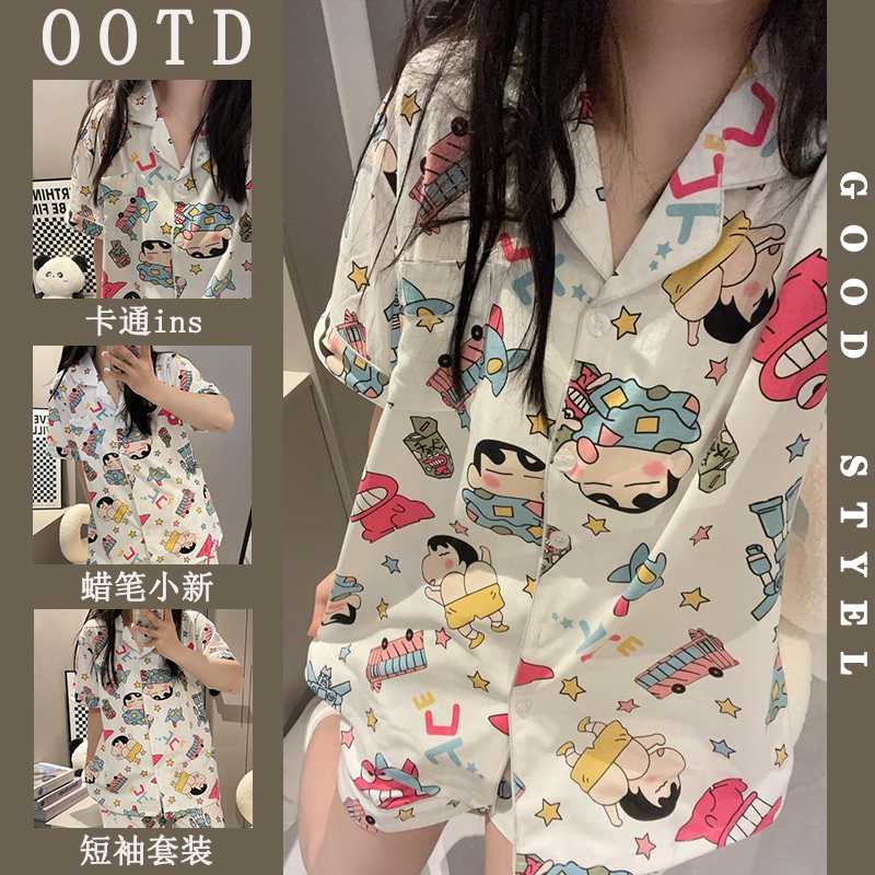 卡通蜡笔小新短袖睡衣女夏季甜美风韩版学生薄款家居服可外穿套装