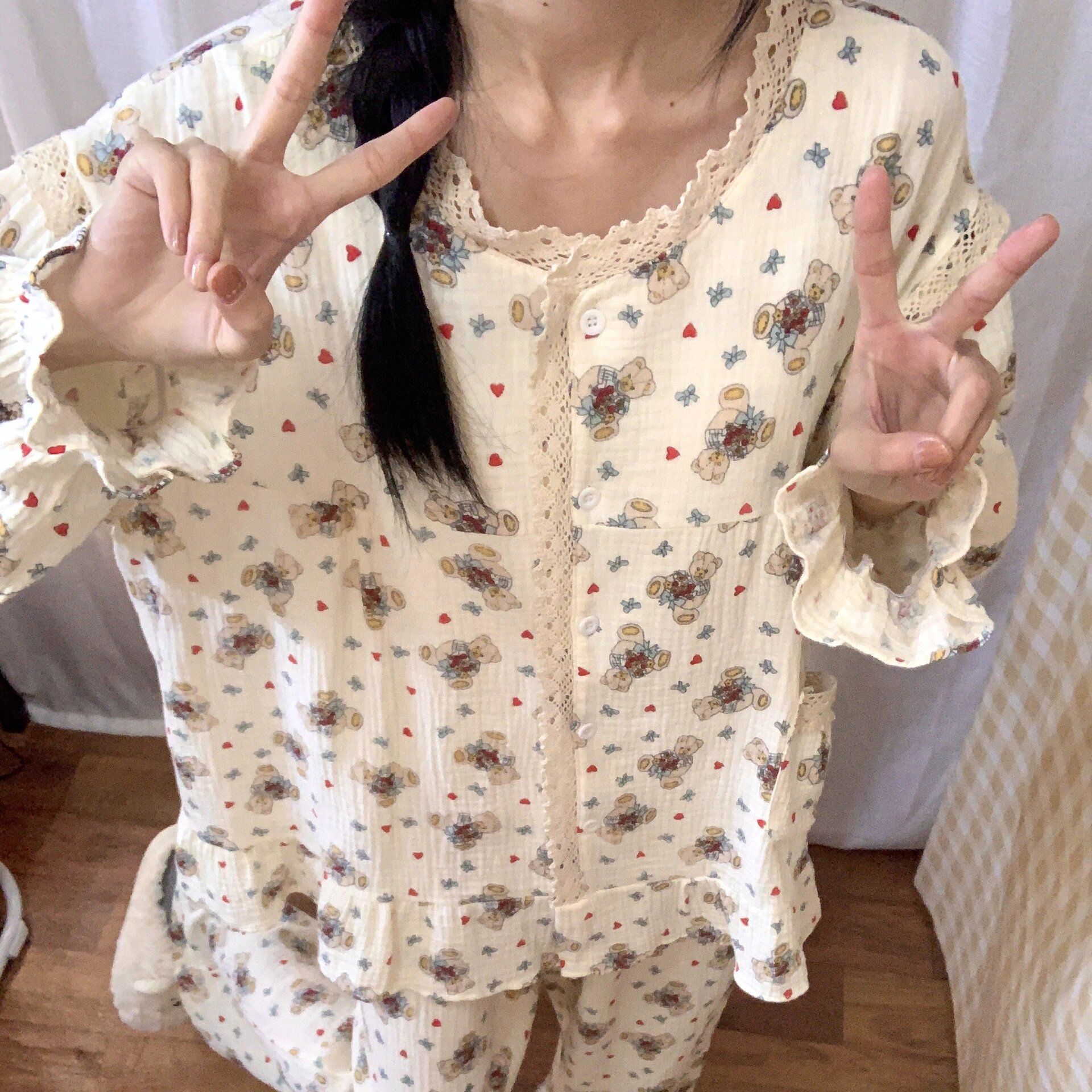 韩系甜美少女小熊印花棉纱睡衣女春秋新款宽松休闲百搭家居服套装