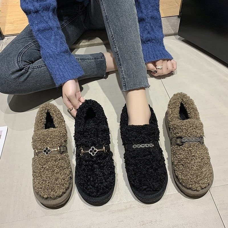 加绒毛毛鞋女冬学生外穿厚底2023年新款韩版一脚蹬豆豆鞋保暖鞋