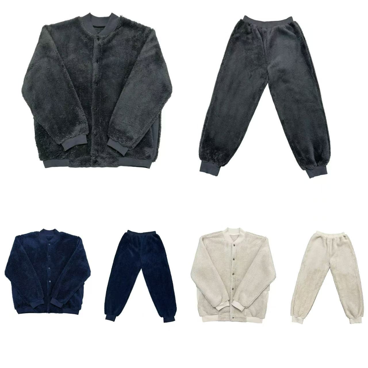 [XJ。]灰蓝咖杏四色棒球款毛毛休闲舒适睡衣套装（暖暖冬日）       