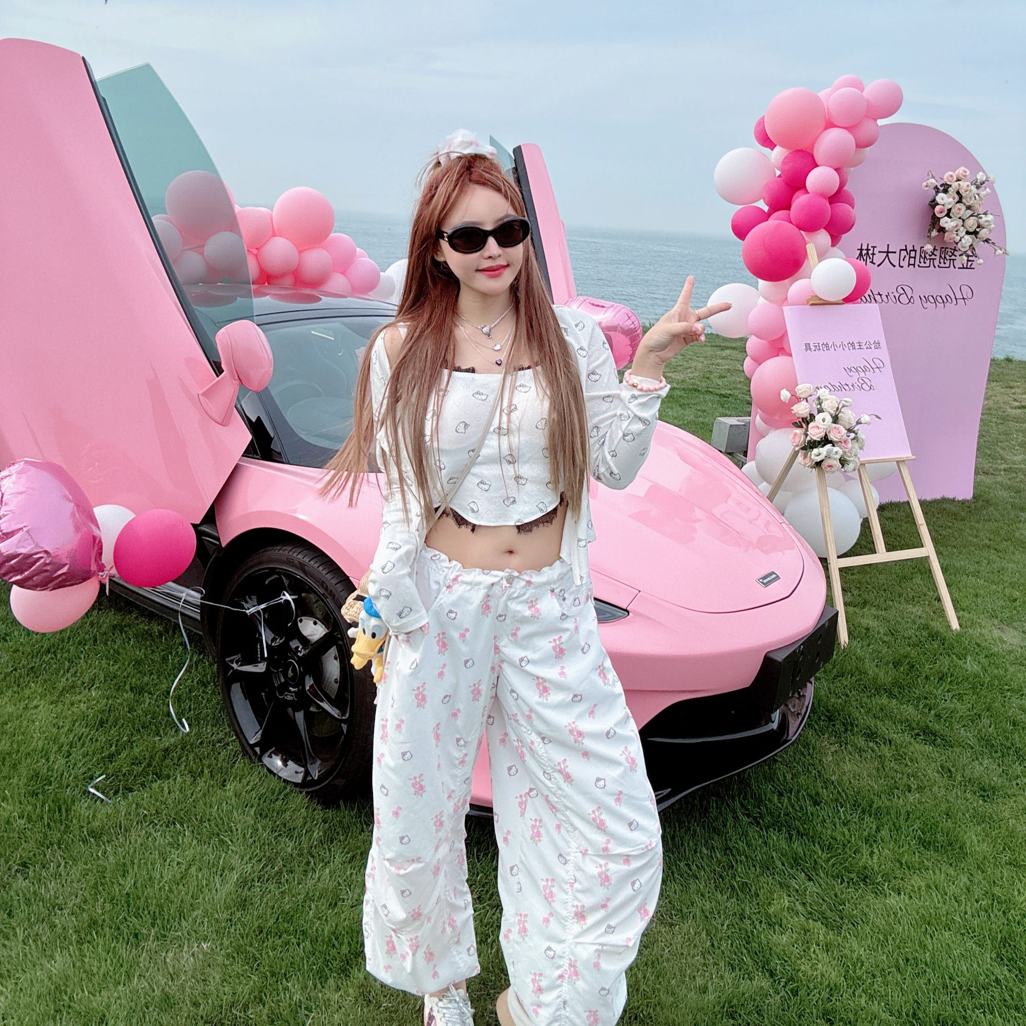 【HoorayLin】猫头满印定制夏日轻薄透气工装裤莫奈花园风#HD8019