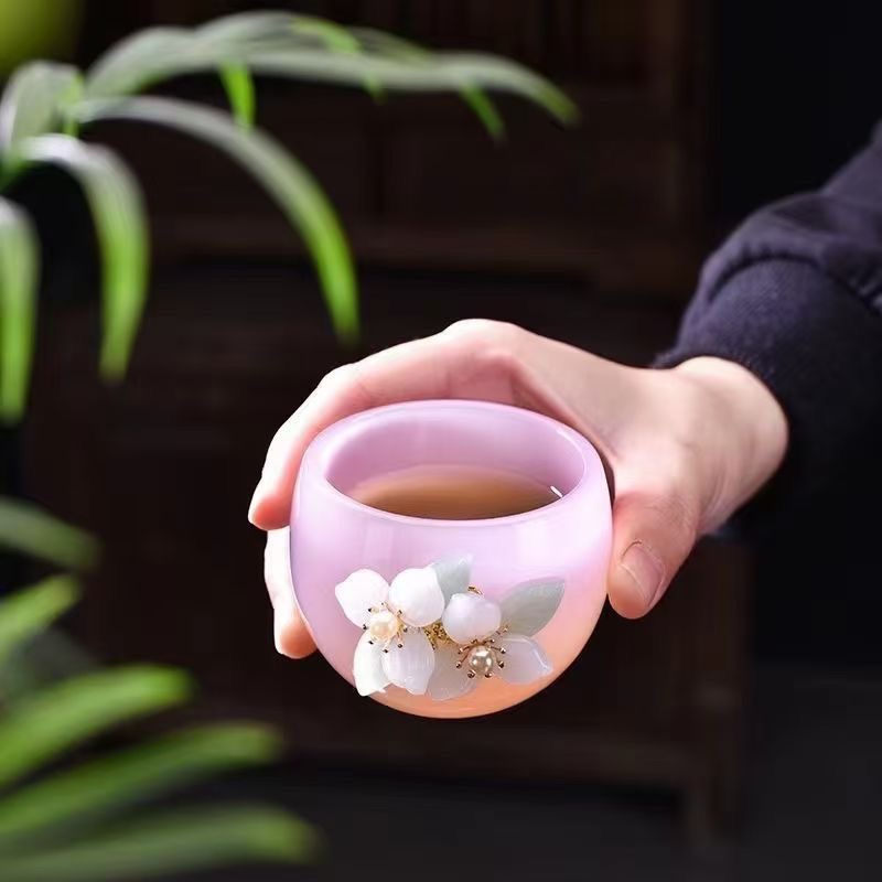 琉璃镶花玉瓷茶杯主人杯小清新大号品茗杯单杯轻奢女士专用茶具