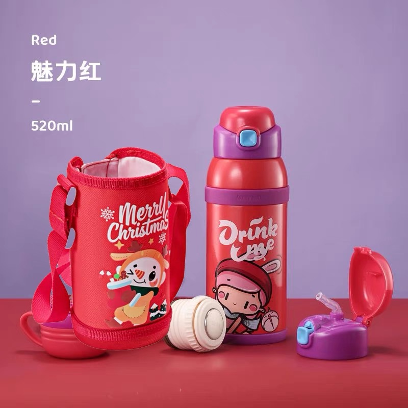 卡通图案316不锈钢带吸管杯套双盖两用便携保温杯红色款wsw