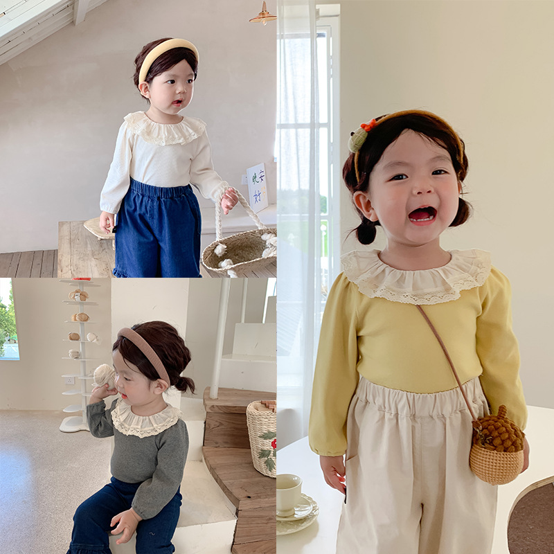 女童打底衫2025秋季新品韩版女宝宝三色花边领坑条打底衫长袖上衣