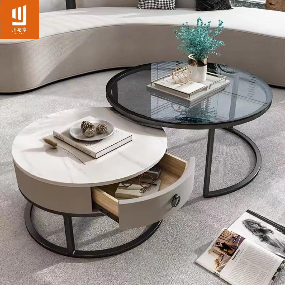 北欧圆形玻璃茶几客厅家用岩板简约小户型网红轻奢现代可移动茶桌