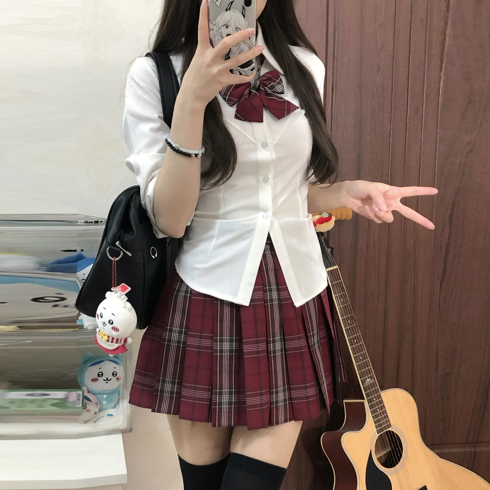 空栗鼠丸原创jk格裙收腰衬衫套装辣妹纯欲风带弹力jk制服长袖套装