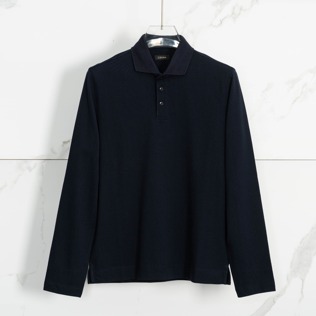 全新未使用/ZEGNA 杰尼亚 男士藏青纯色长袖polo衫/ ZGBU00006