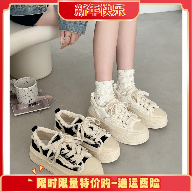 爆款超火厚底帆布鞋女2023新款春秋高级感学生轻便小白鞋百搭板鞋