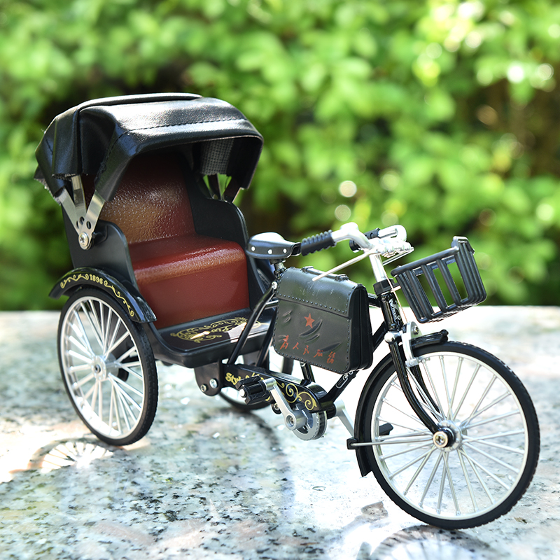 合金车黄包车三轮车合金模型复古仿真怀旧摆件经典孩子玩具三轮车