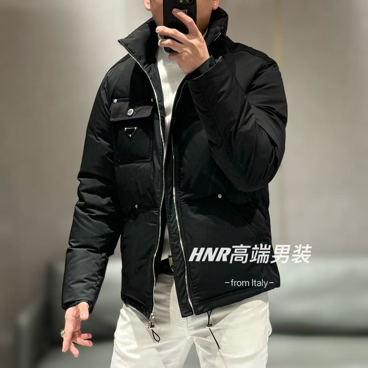 纯色胸口口袋设计倒三角图案高端男士休闲百搭羽绒服1126