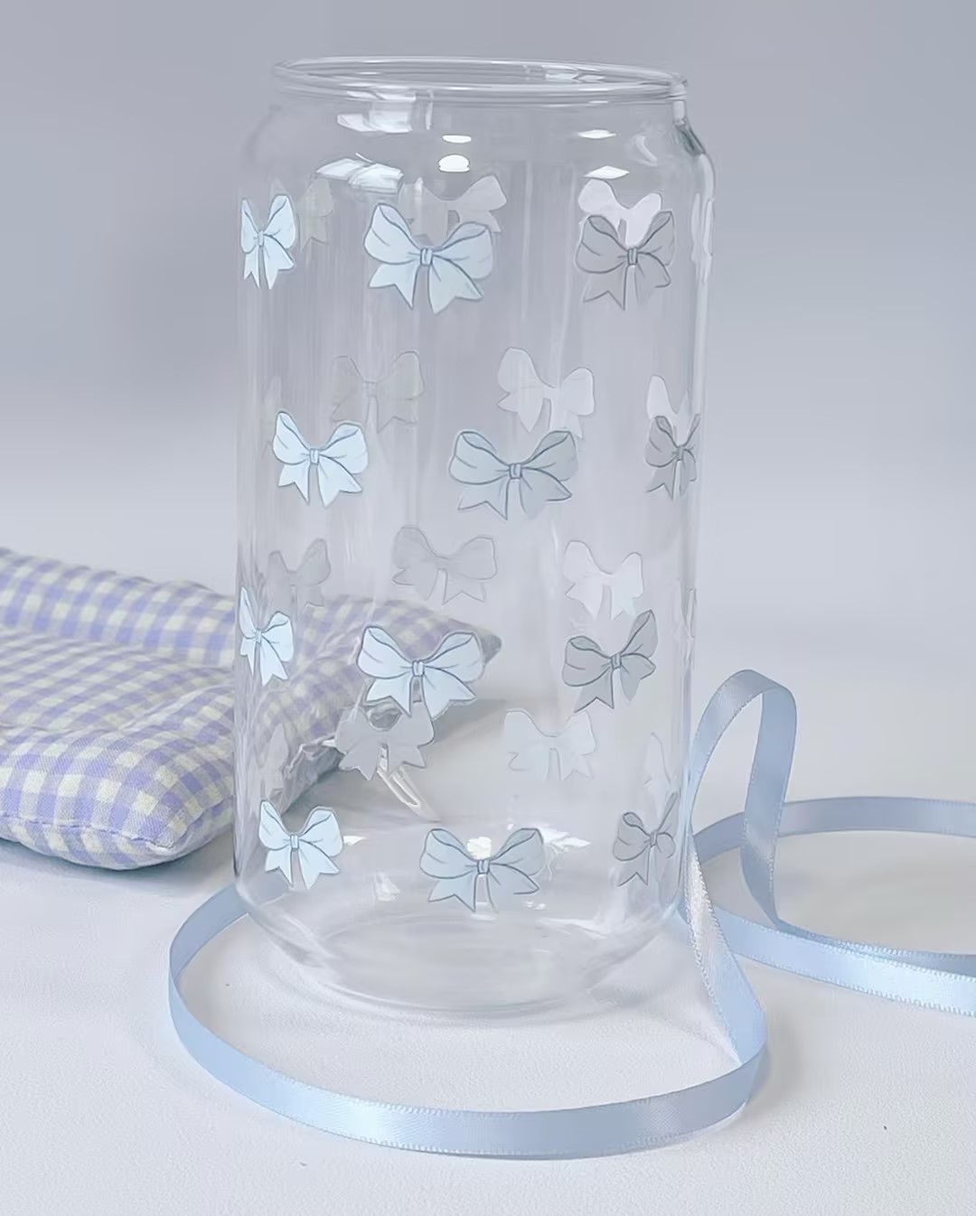 【furui】原创『蓝色小蝴蝶结』印花玻璃杯少女心耐热吸管杯水杯