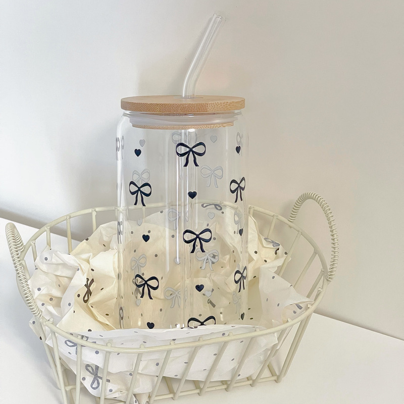 【furui】原创『黑色蝴蝶结』印花玻璃水杯少女心耐热吸管杯