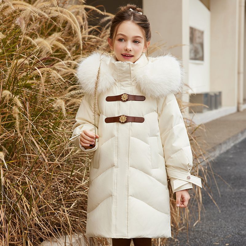 鸭鸭儿童羽绒服女童2023新款中大童加厚韩版过膝长款白鸭绒亲子童