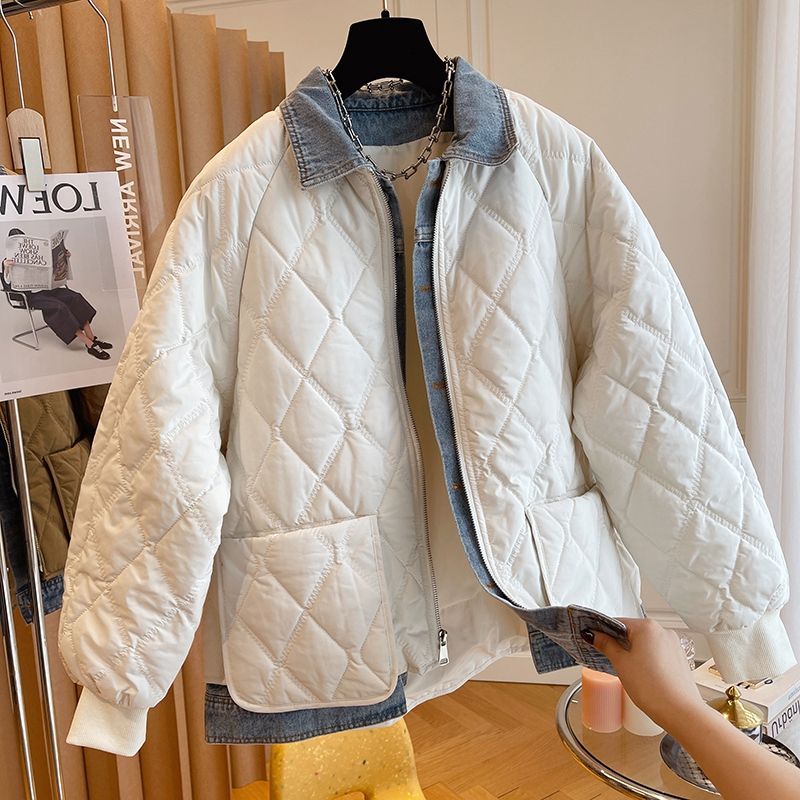 鸭鸭设计感小众宽松牛仔拼接菱格假两件时尚羽绒服女冬季2023新款