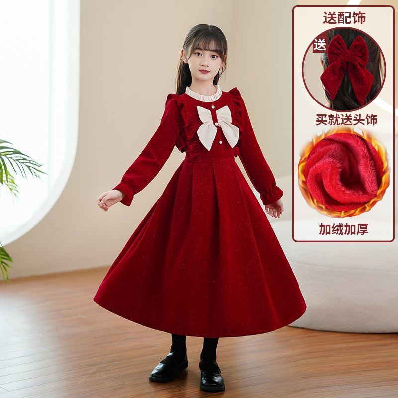 女童秋冬装连衣裙长袖加绒长裙蝴蝶结生日中大童过膝盖时尚潮礼服