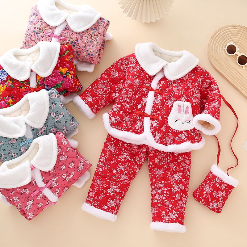 儿童中国风大花加绒棉袄冬季宝宝套装新款拜年服加厚儿童过年服Z