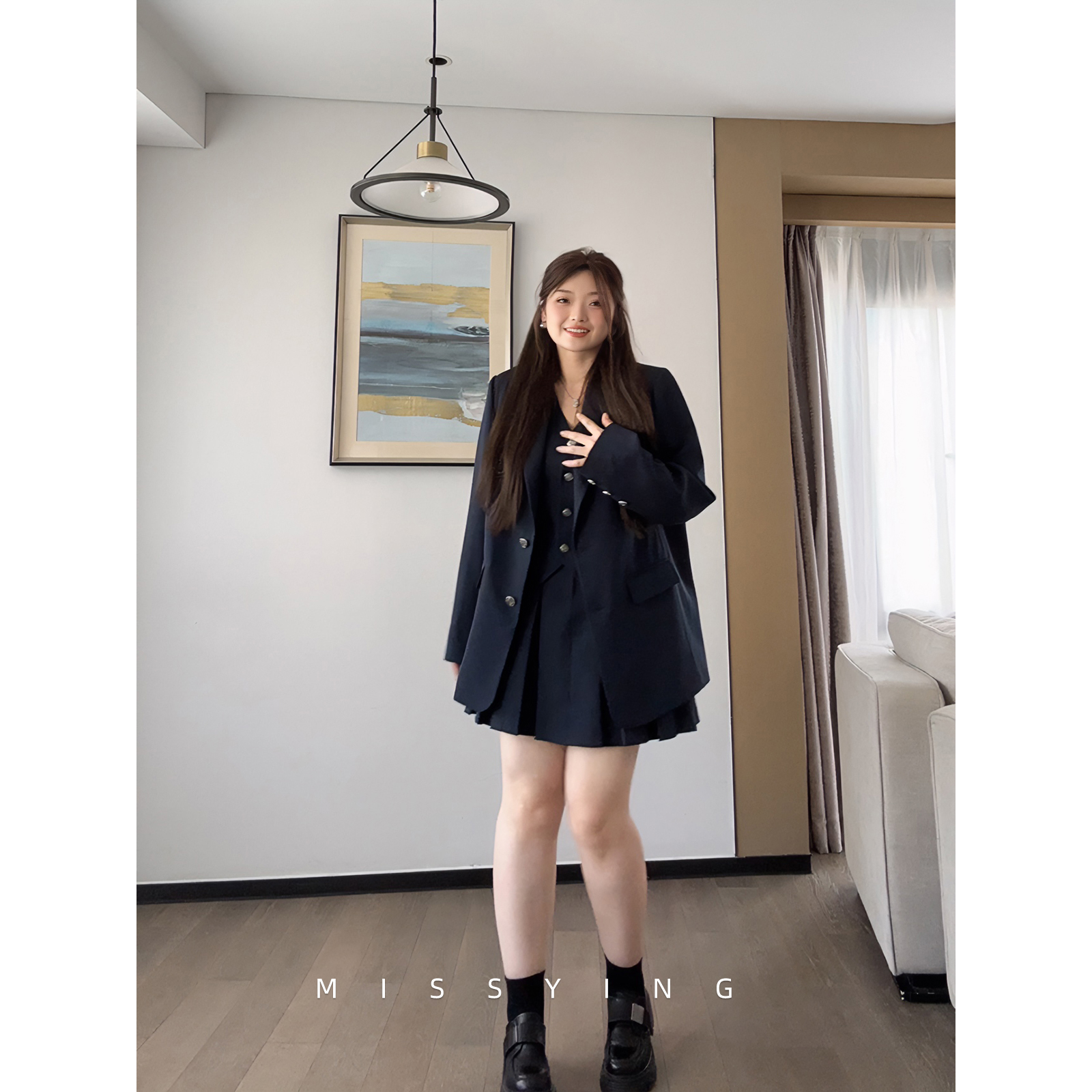 应小姐【艾利斯顿】微胖大码韩系时尚学院设计气质显瘦宽松西装套装