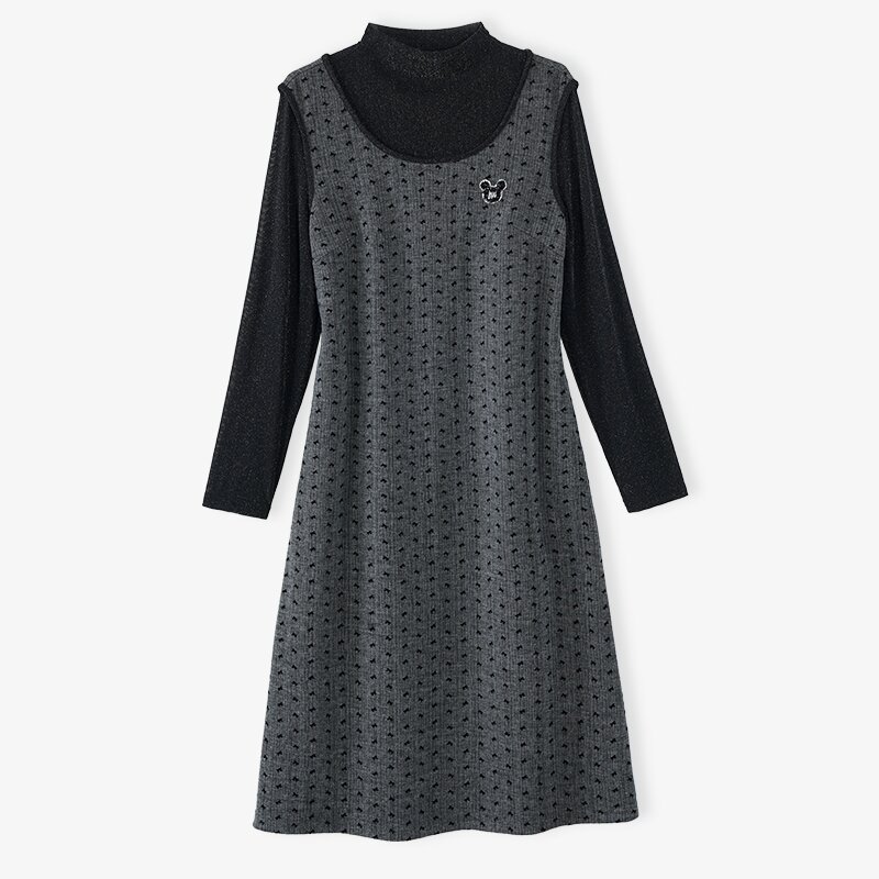 KA68905新款假两件米奇半高领新款显瘦减龄款连衣裙