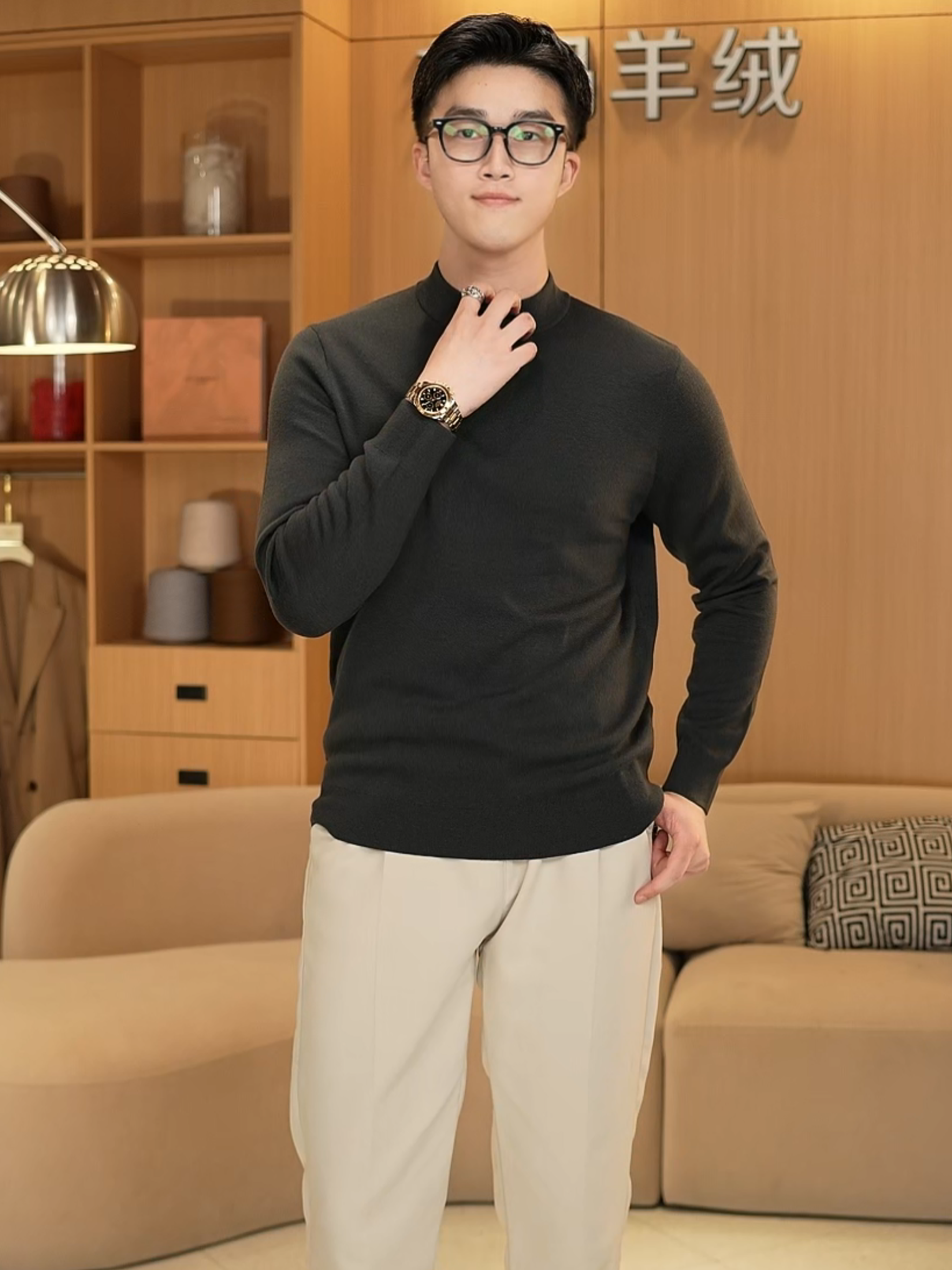 #冬季超厚可机洗#100%精纺羊毛男士半高领羊毛衫 HM232