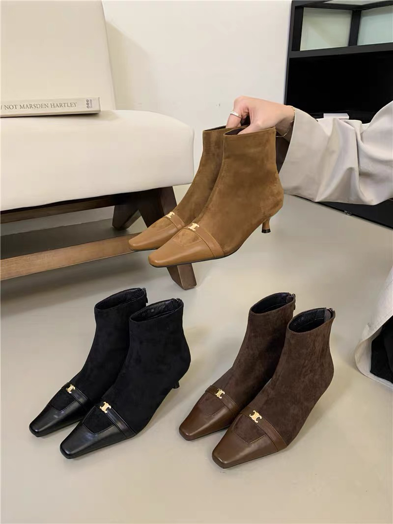 时尚气质尖头高跟短靴法式复古瘦瘦靴秋冬弹力女靴