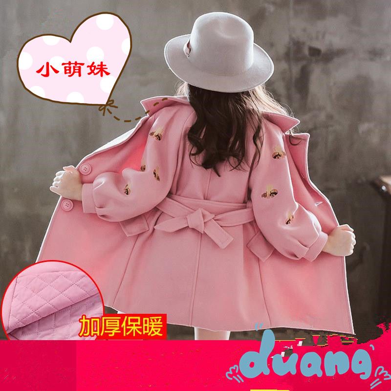 女童外套秋冬新款儿童保暖衣加厚夹洋气中长款呢子大衣刺绣蜜蜂