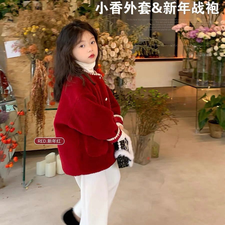 女童秋冬季新款小香风红色年服外套女宝宝外穿夹加厚拜年服