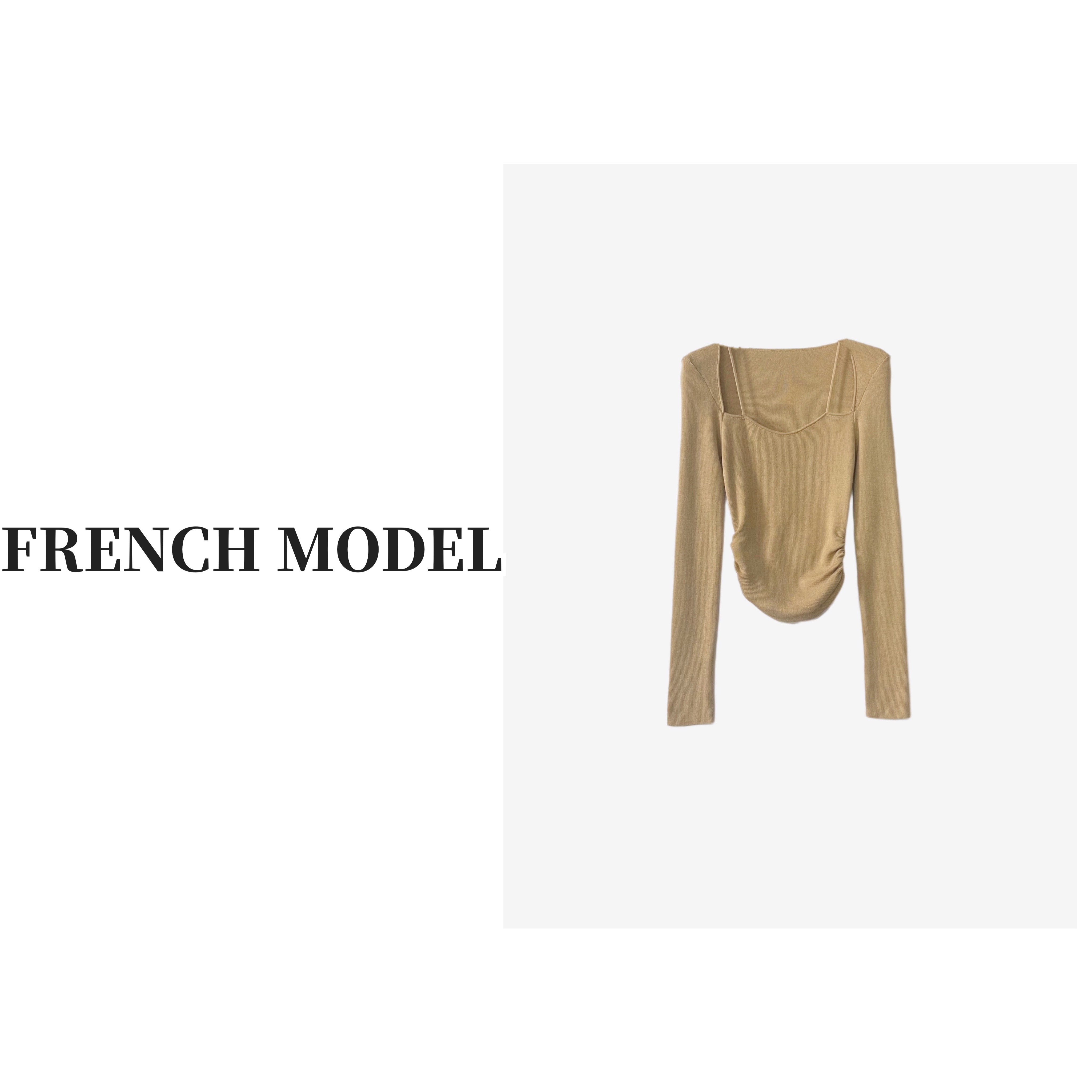 FRENCH MODEL媛媛.2023秋装时尚褶皱收腰长袖T恤女装打底41150292