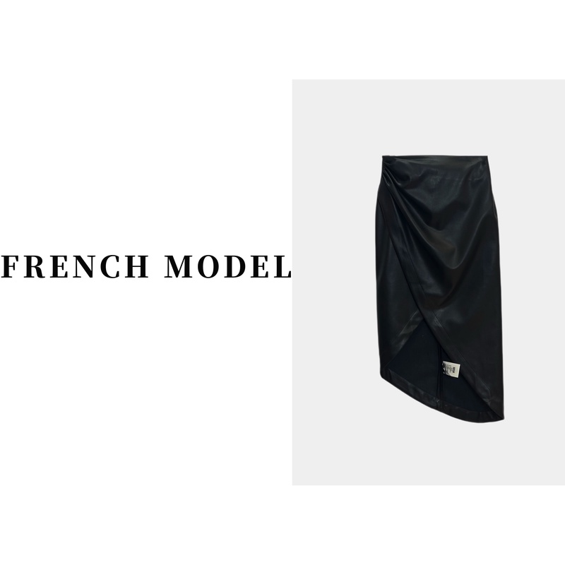 FRENCH MODEL 媛媛.2023设计不规则开叉半身皮裙女装短裙40950026