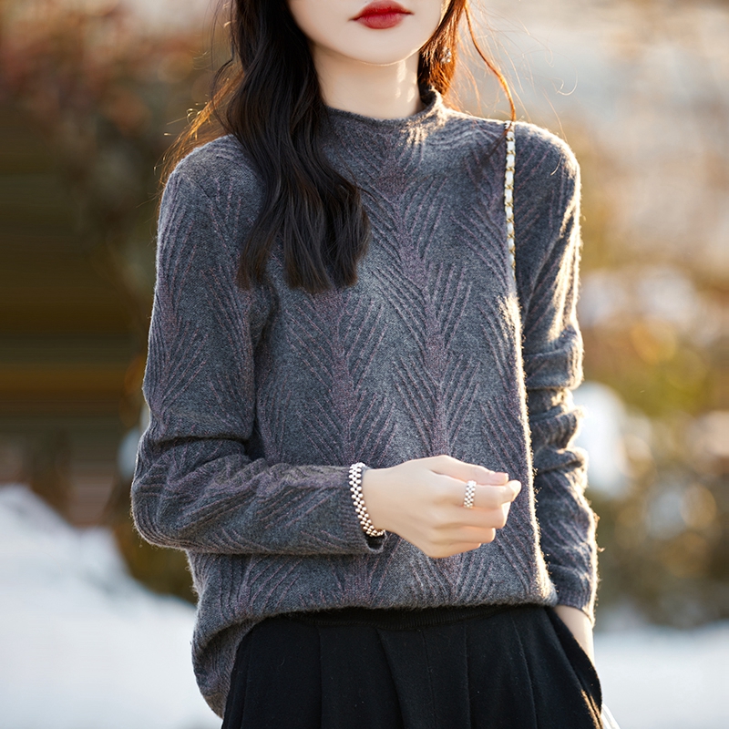 金银丝嵌花！100%羊毛女士秋冬新款半高领提花毛衣重工打底衫