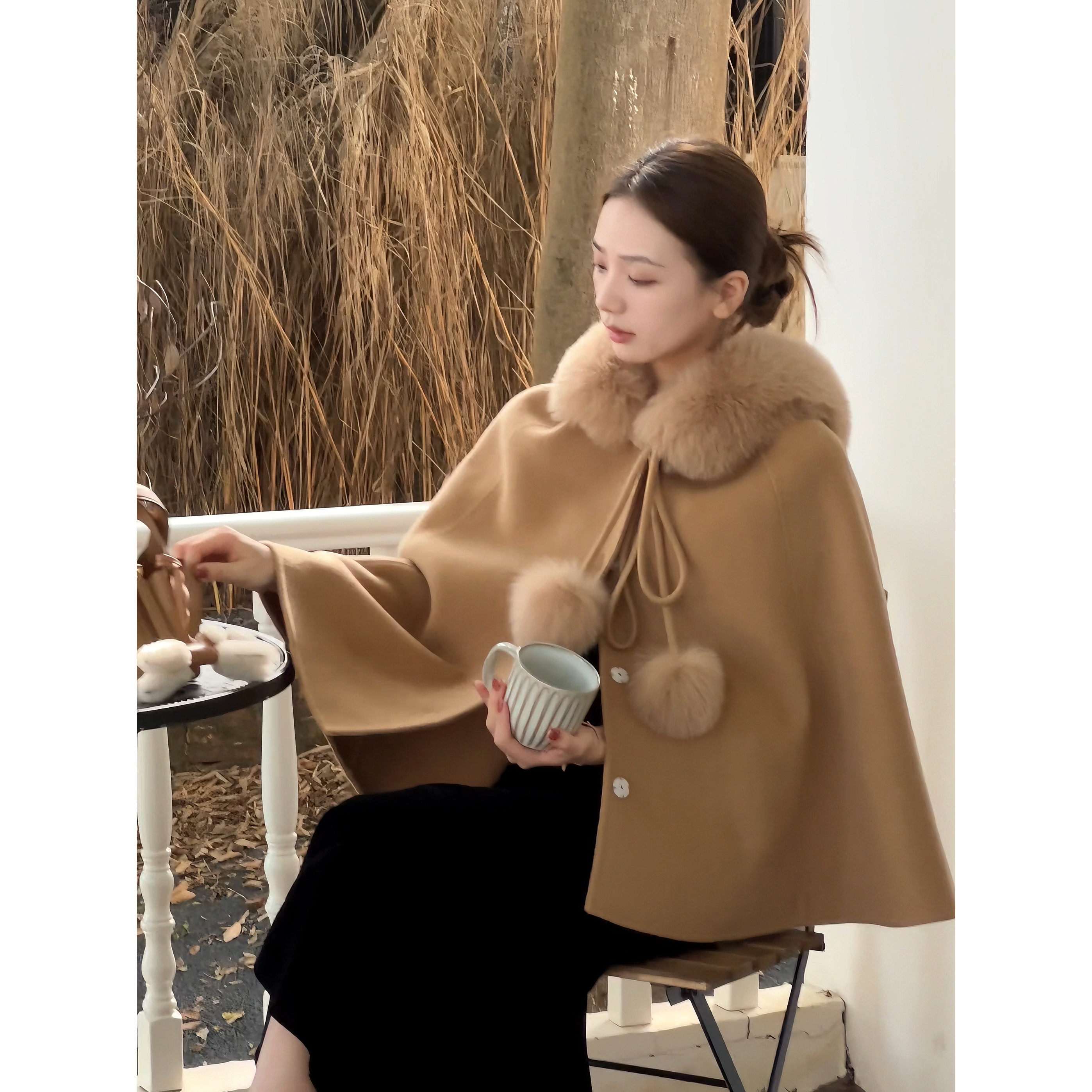 【内购】Madofit麻豆/1626 秋日恋人 100羊毛双面尼狐狸毛斗篷外套