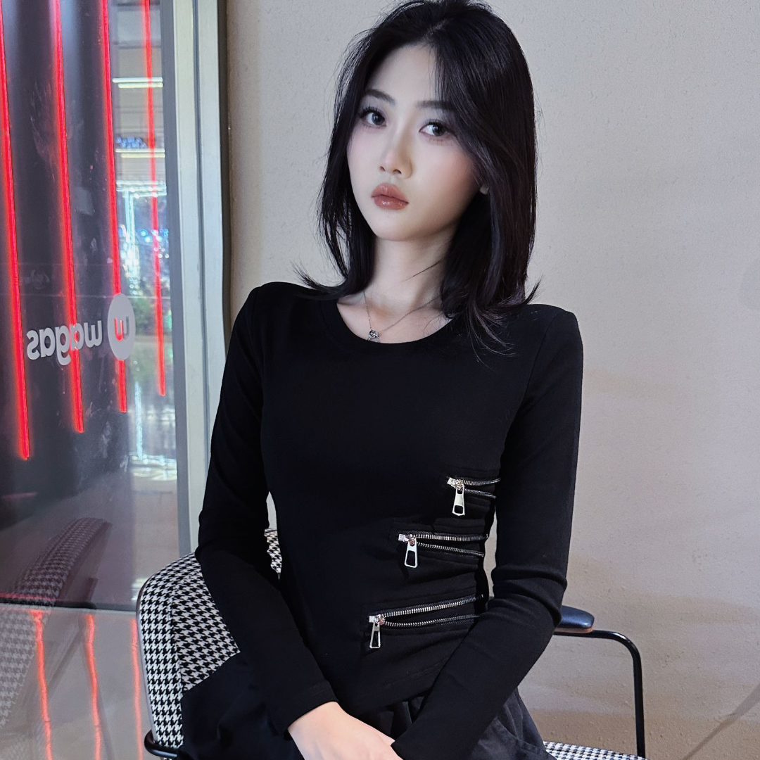 拉链装饰圆领弹力棉不规则显瘦显高长袖减龄性感短款上衣T恤紧身