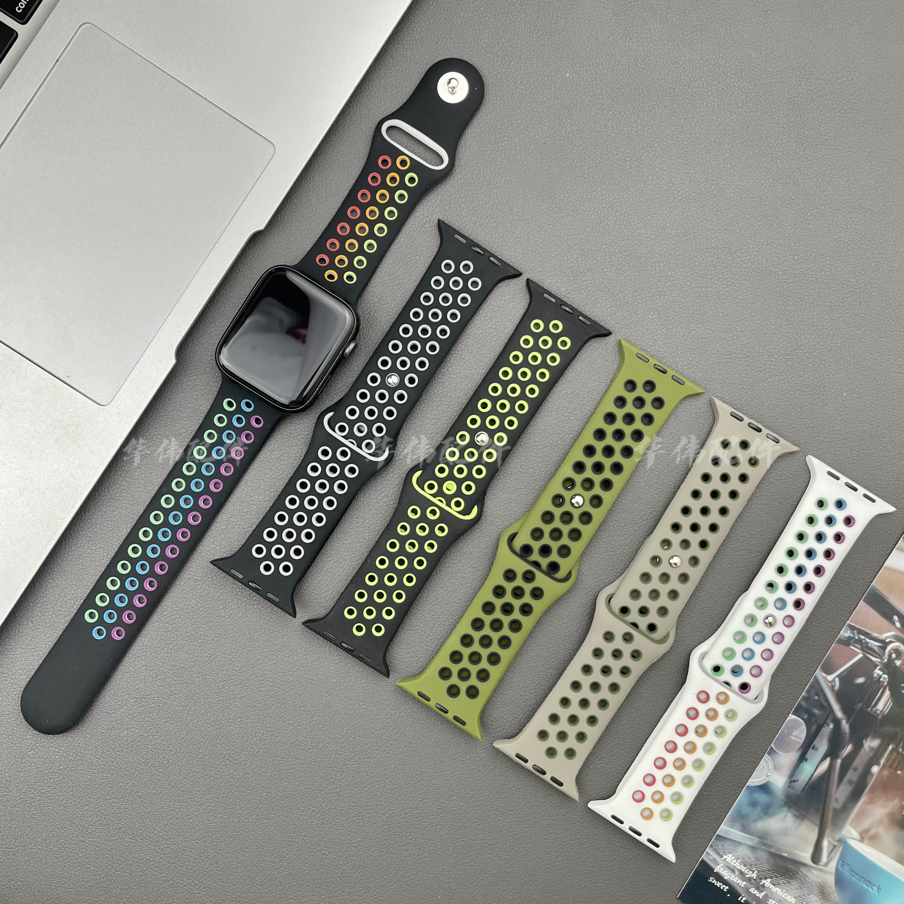适用苹果s10/9代表带45mm运动硅胶透气iwatch876SE网洞洞彩虹表带