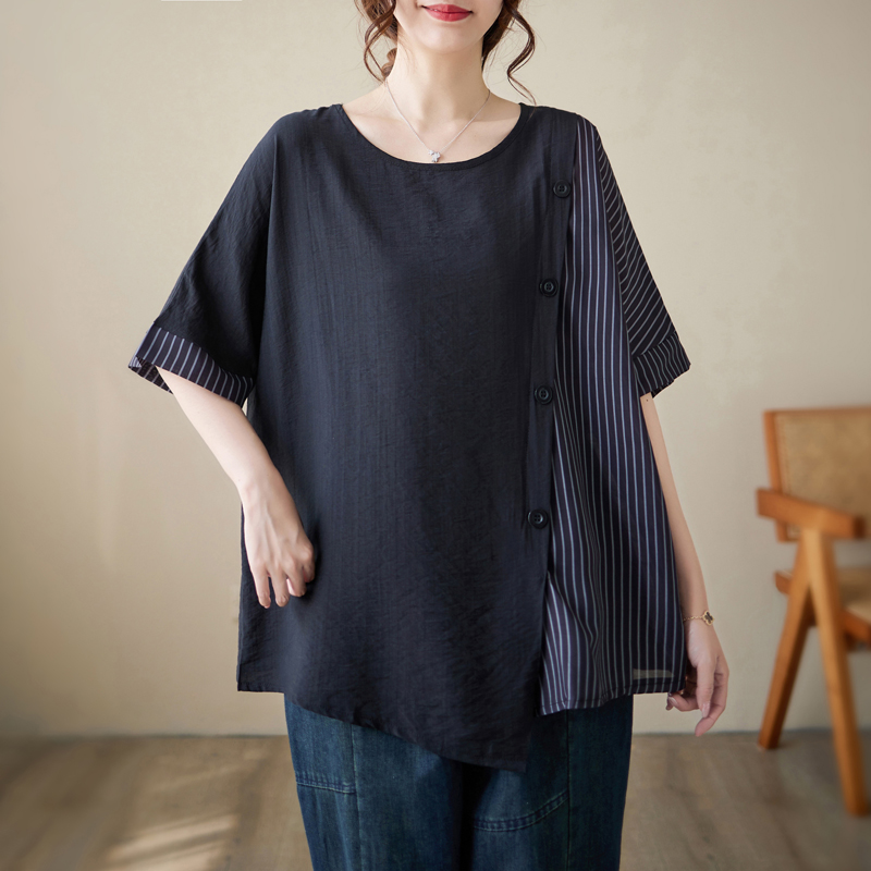 夏季冰丝亚麻大码衬衫上衣服潮假两件宽松显瘦妈妈装短袖胖MM女装