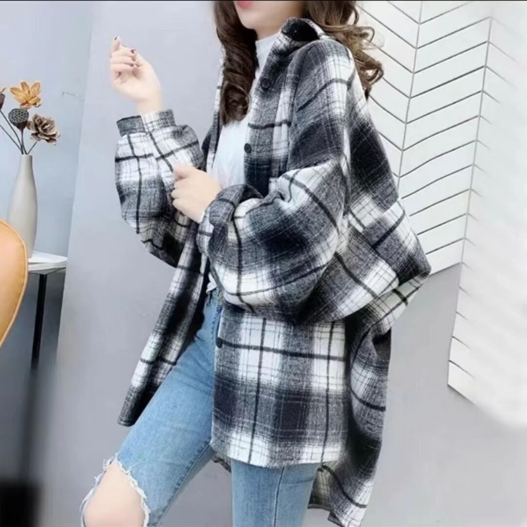 2023早秋新款时尚百搭休闲磨毛春秋保暖衬衫中长款港味长袖女复古
