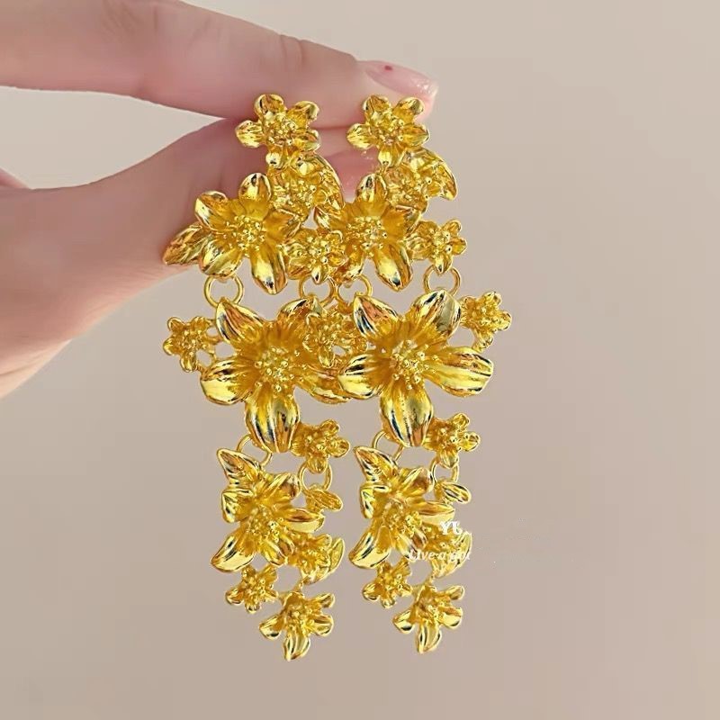 铜合金耳饰 法式复古高级感金属花朵长款流苏耳环精致气质时尚